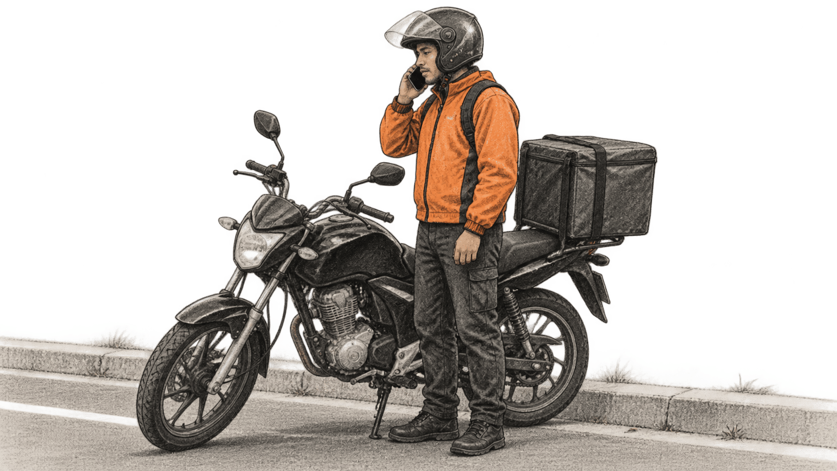 Conceptual charcoal illustration of a helmeted delivery rider speaking on a phone beside a parked, unbranded motorcycle with a delivery carrier.