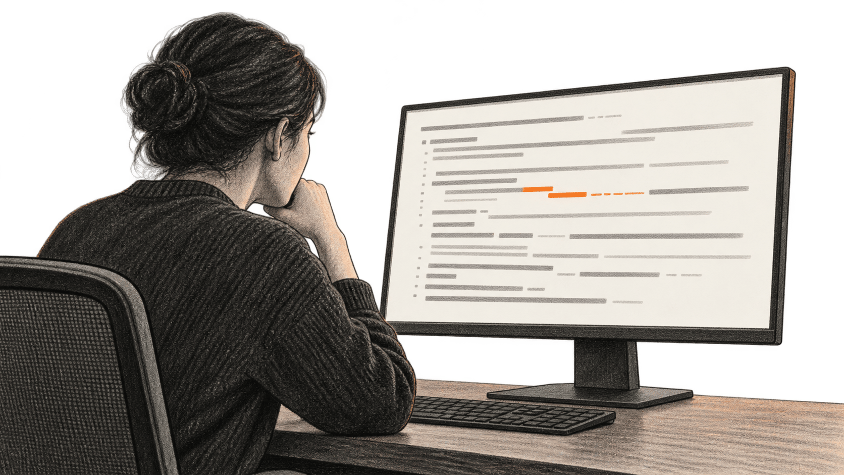 Conceptual charcoal illustration of one person inspecting unlabelled trace-like strokes on a desktop monitor, with a short section accented in orange.