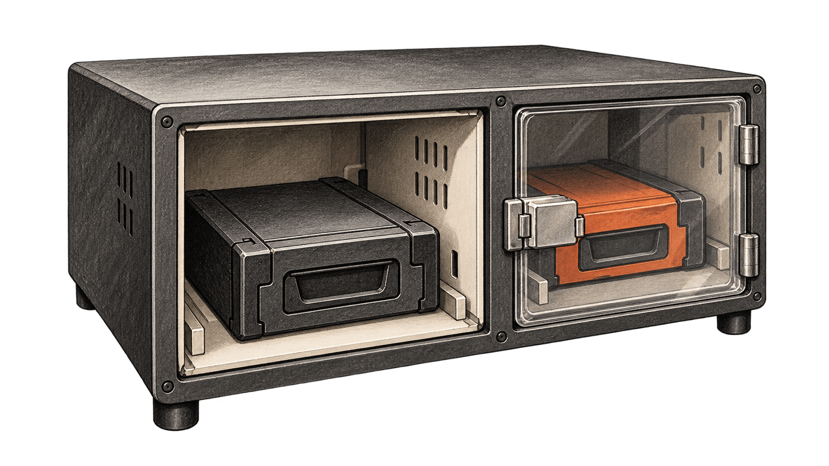 Conceptual charcoal illustration of two storage cartridges in separate bays of one cabinet, with the orange cartridge behind a closed clear door.