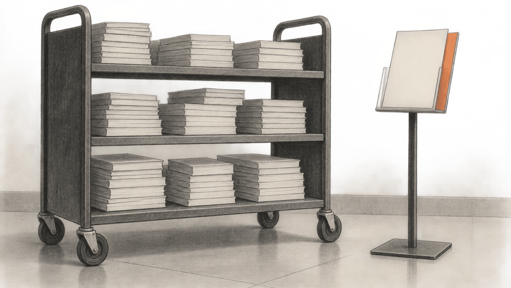 A wheeled library cart holds many plain manuscript booklets beside one separate blank response sheet in a freestanding holder.