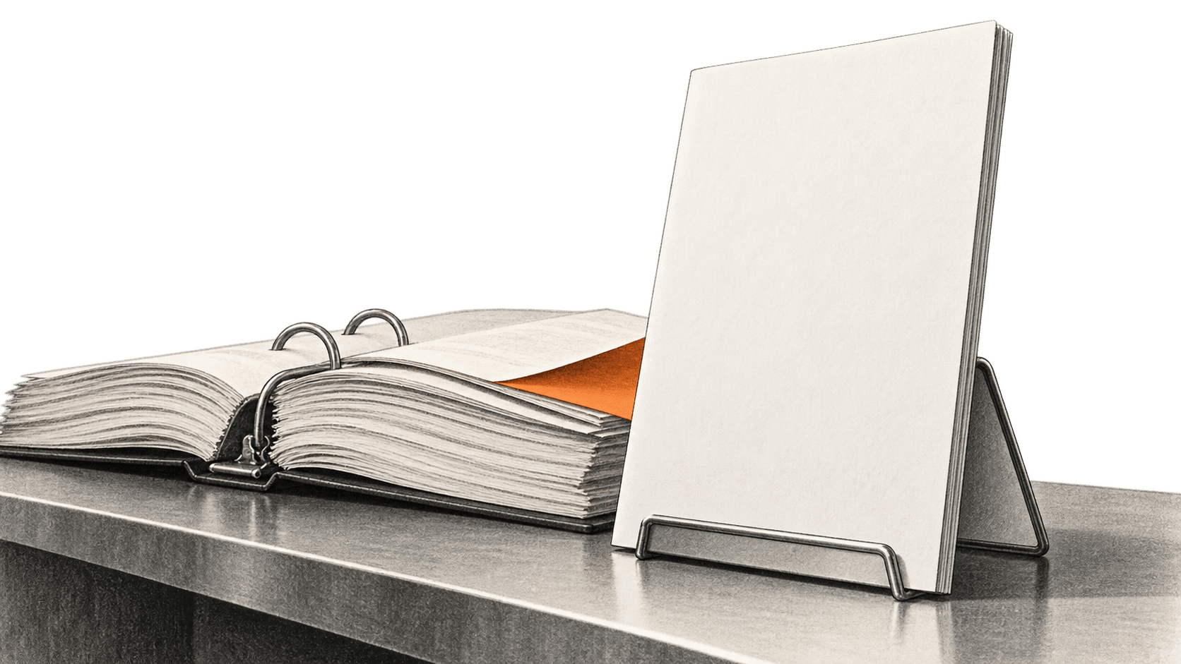 Conceptual charcoal illustration of a blank upright report booklet standing before an open, thick ring-bound work log with one orange page partly obscured.