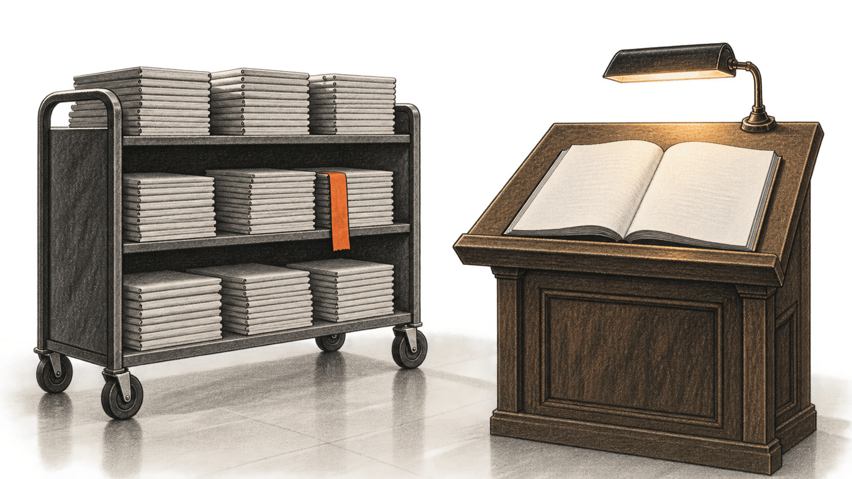 Illustrative charcoal scene of a cart stacked with unmarked manuscript folios beside one open folio on a reading lectern.