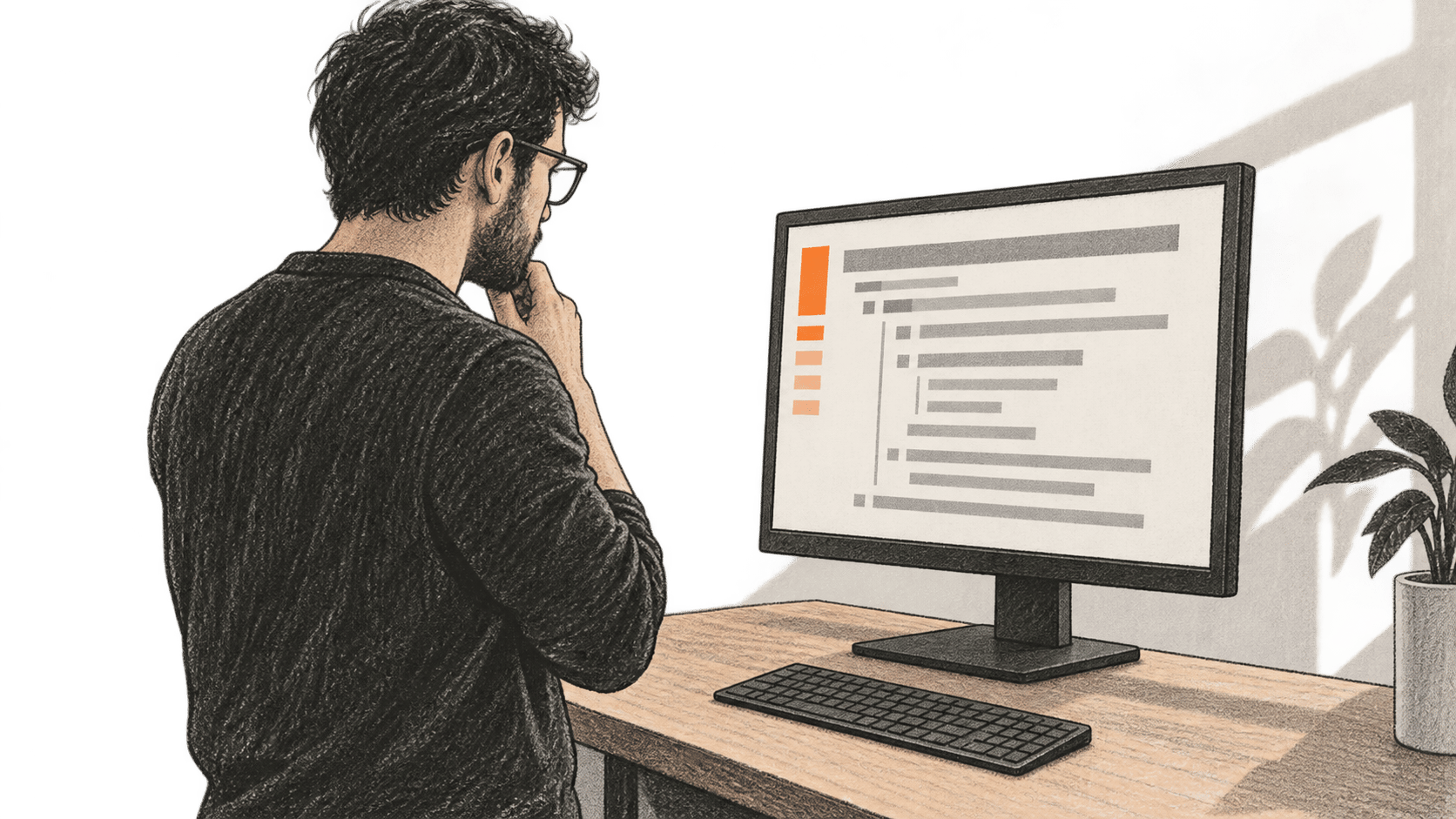 Conceptual charcoal illustration of one developer reading abstract plan-like lines on an unbranded desktop monitor while the keyboard sits untouched.