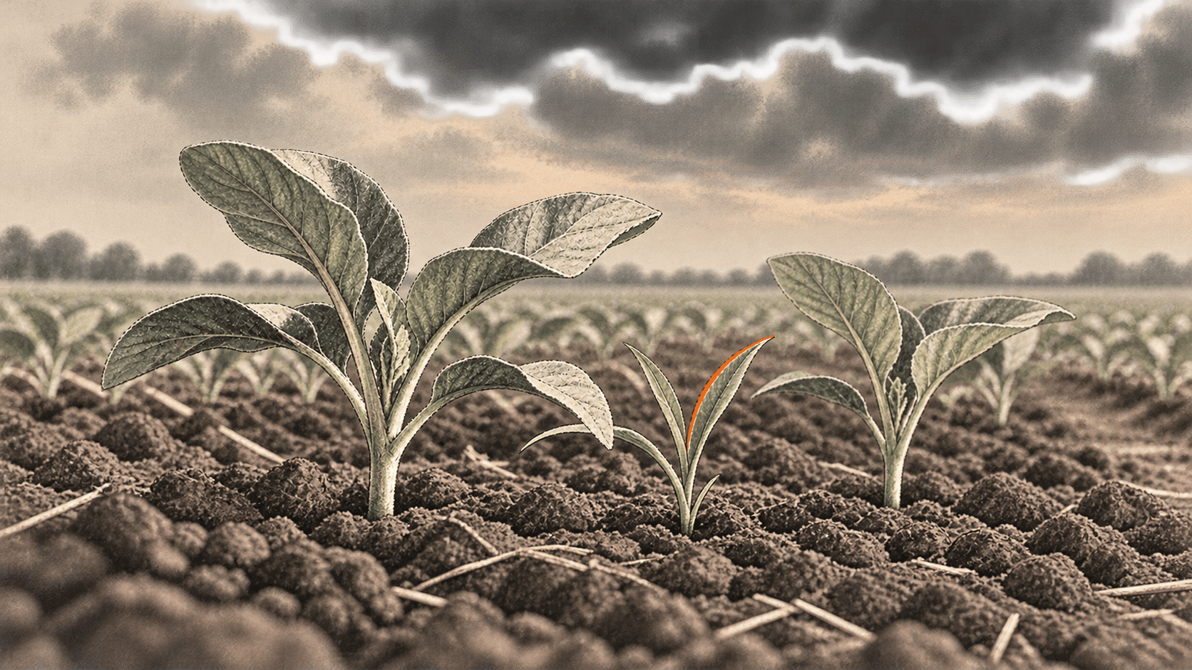 Conceptual charcoal illustration of two broad-leaf crop seedlings and a smaller narrow-leaf weed rooted between them in a cultivated field row; one weed leaf has an orange edge.