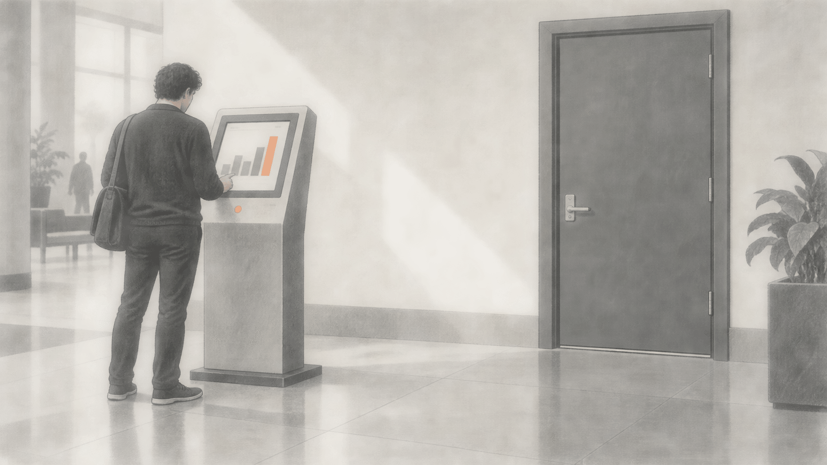 Conceptual charcoal illustration of a person using a public statistics kiosk in a civic hall, with a separate closed door to the right.