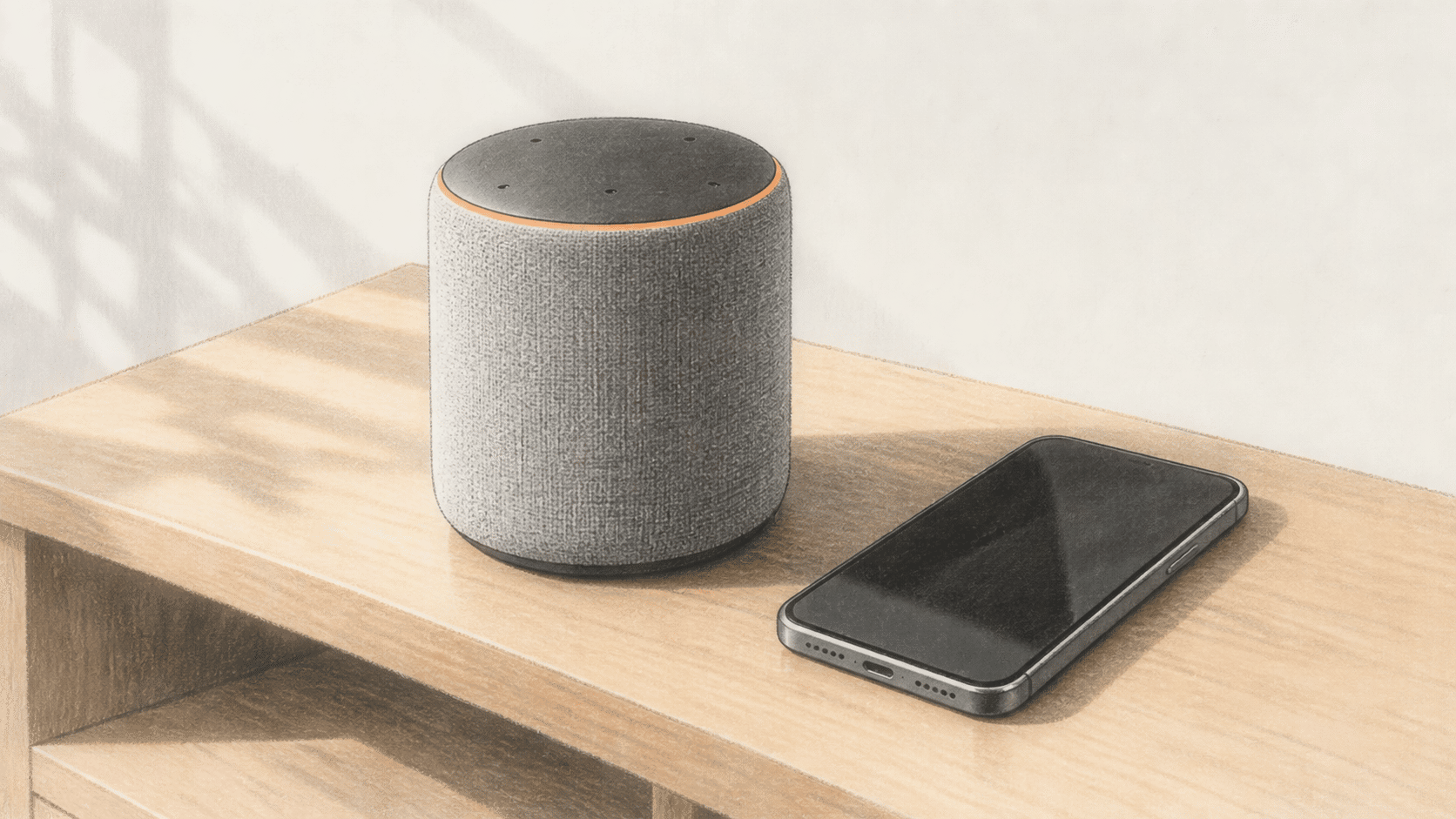 Conceptual illustration of an unbranded cylindrical smart speaker and a dark-screen phone on a wooden shelf.