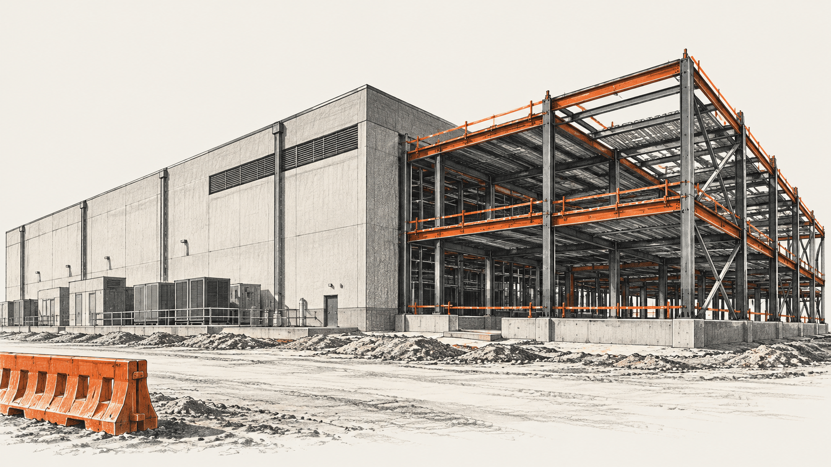 Conceptual illustration of a data-centre building beside a steel-framed extension under construction.