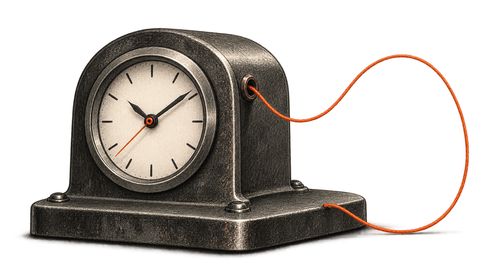 Conceptual charcoal illustration of an analog clock in a dark metal housing with an orange thread looping from its side.