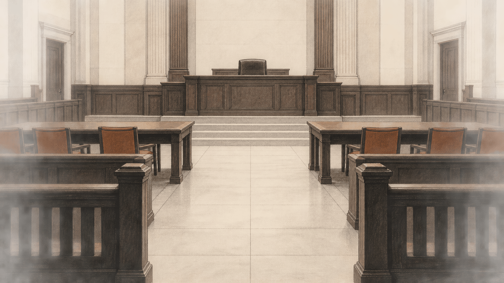 Conceptual illustration of an empty courtroom seen from its rear gallery, with counsel tables, a central aisle and an elevated judge’s bench.
