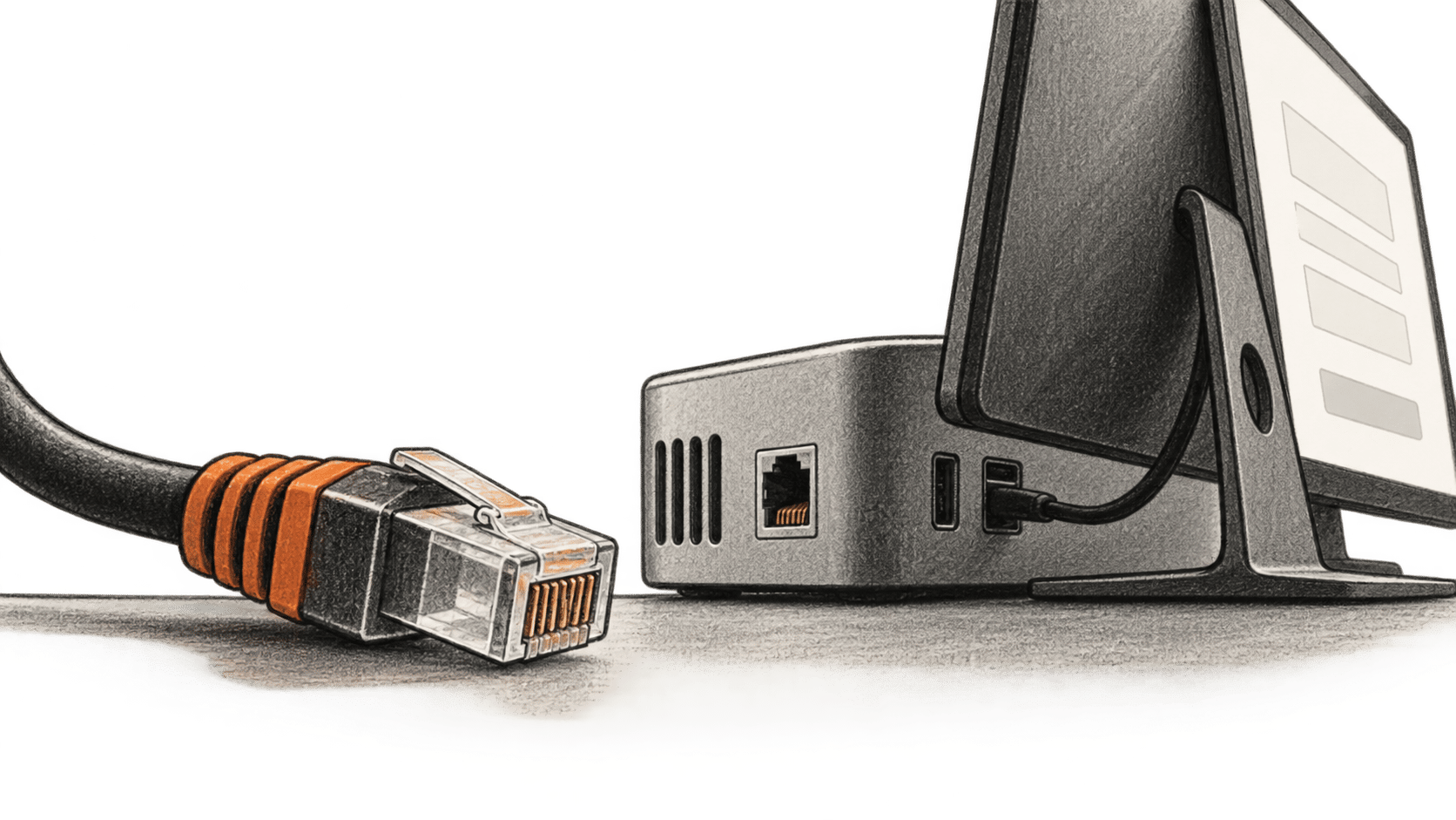Conceptual charcoal illustration of an unplugged network cable beside a computer showing an indistinct blank online form.
