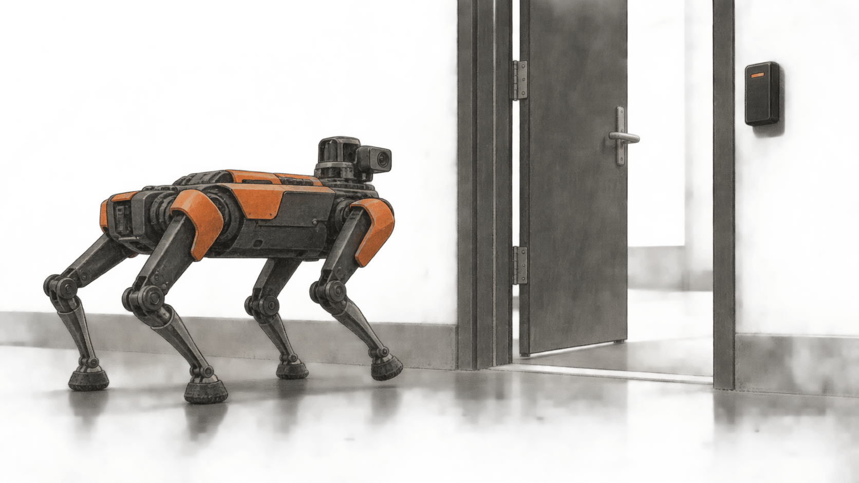A four-legged industrial inspection robot approaches a partly open personnel door with a wall-mounted access reader.