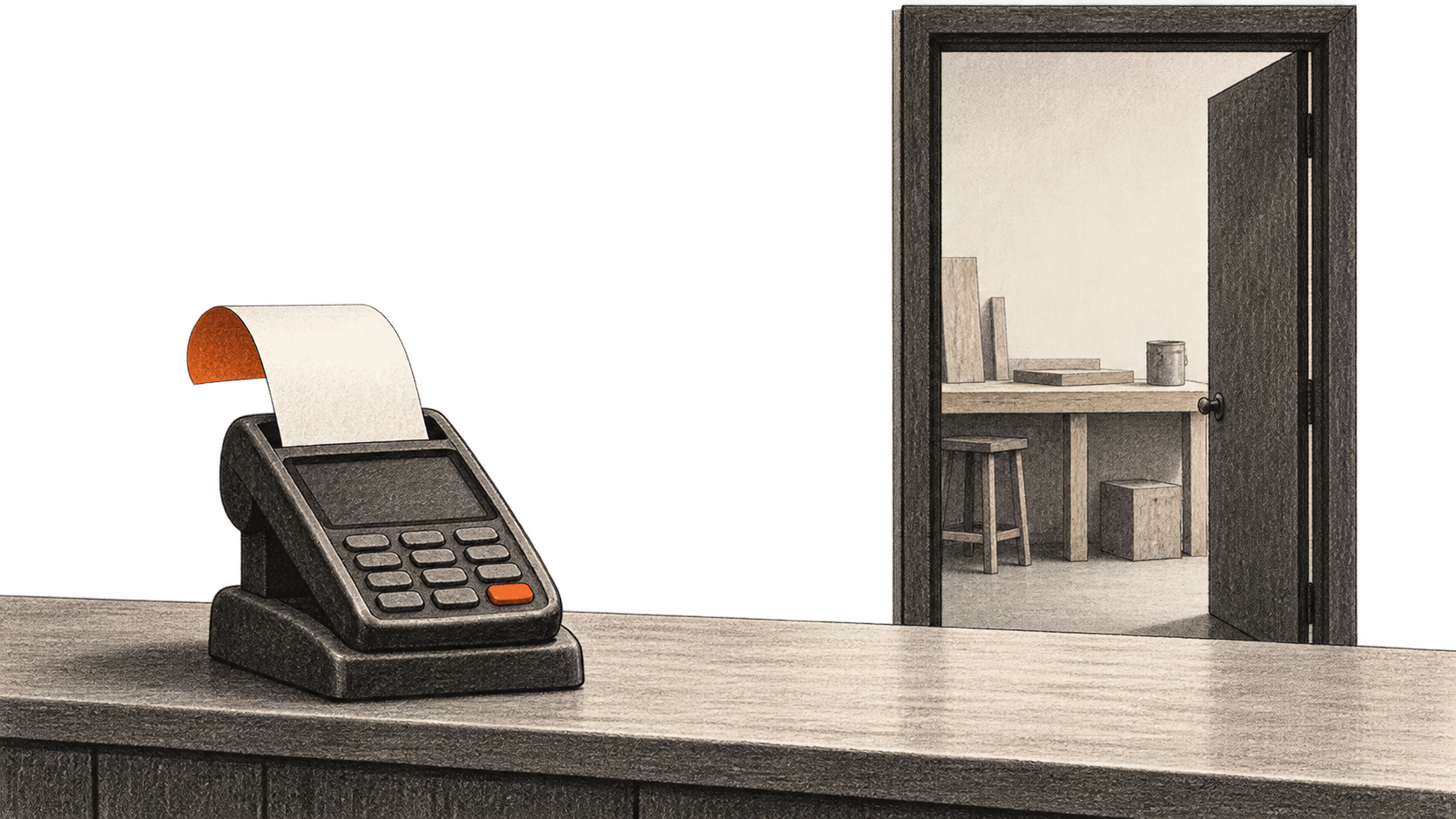 Conceptual charcoal illustration of a blank receipt emerging from a payment terminal on a counter, with a workroom visible through a doorway behind it.