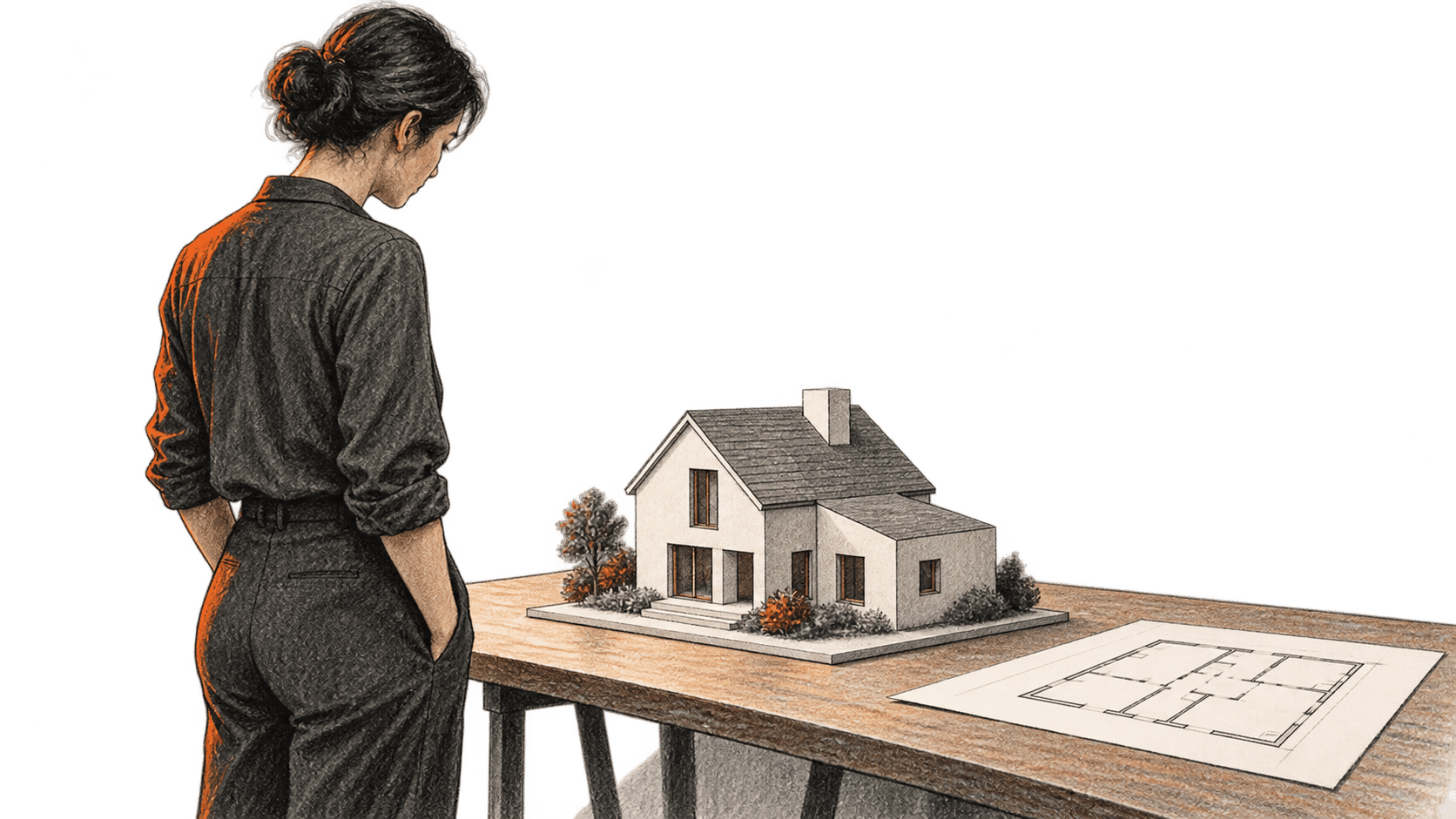 Conceptual illustration of a person examining a small house model beside an unlabelled floor plan.