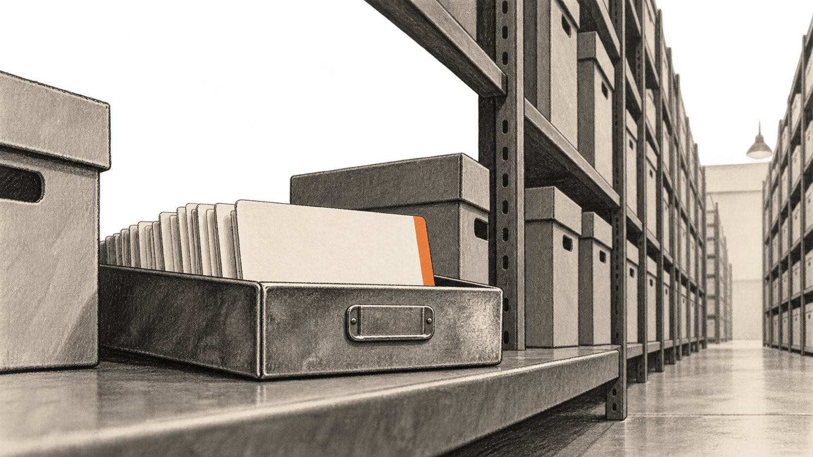 Conceptual retrieval tray before deep archive shelves.