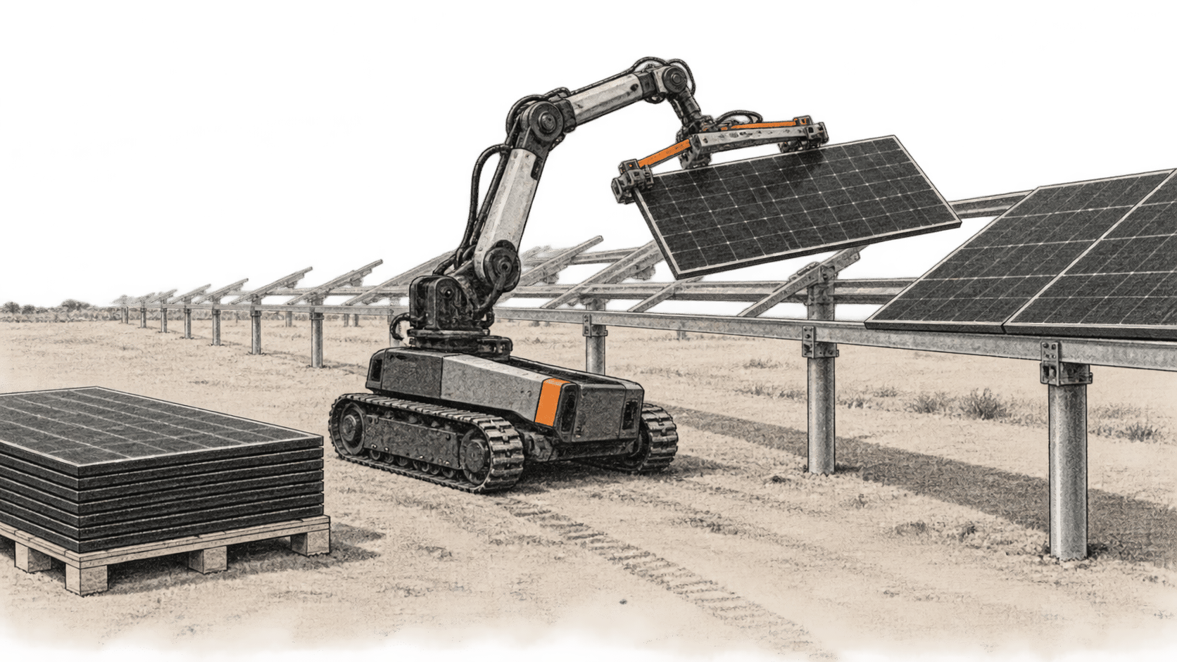 Conceptual charcoal illustration of a tracked robot lifting a solar panel toward an open tracker row, with more modules stacked on a pallet.