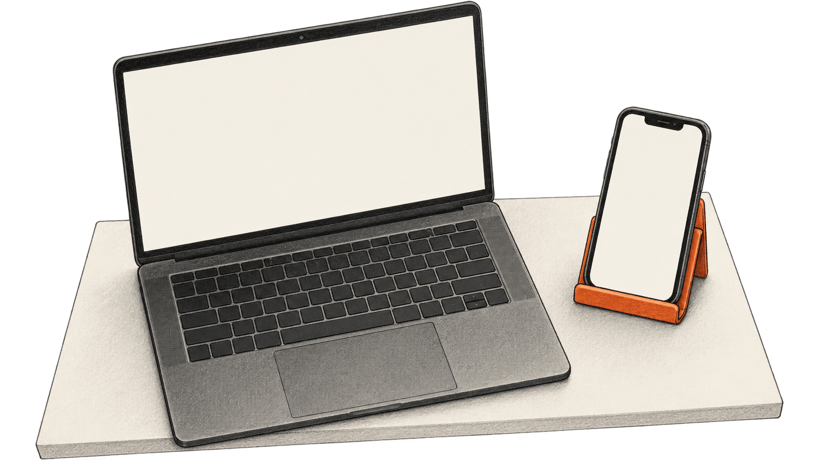 Conceptual charcoal illustration of an open unbranded laptop beside a blank-screen phone supported by an orange cradle on a pale shelf.