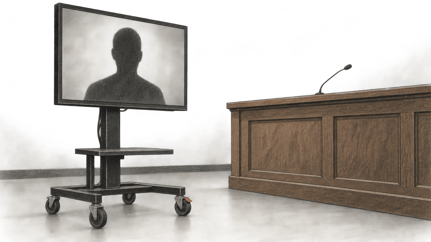 Conceptual charcoal illustration of a video screen on a wheeled cart showing an anonymous silhouette beside an empty court bench.
