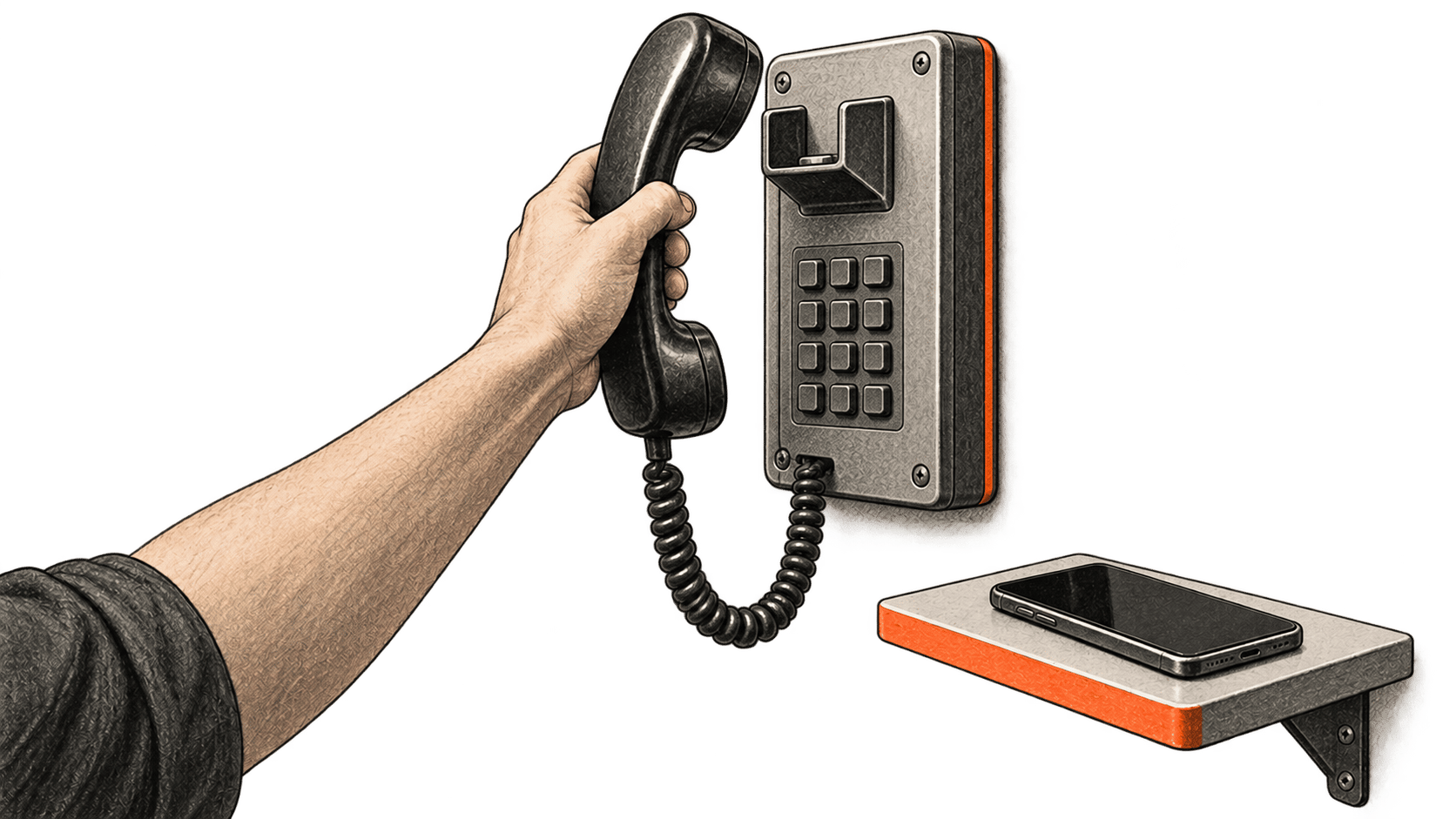 Conceptual charcoal illustration of one hand lifting a wall telephone handset while a blank mobile phone rests on a separate shelf.