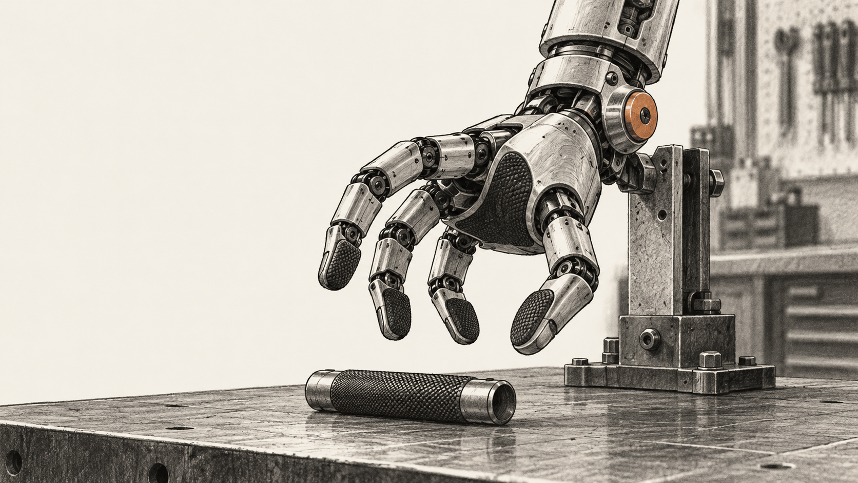An unbranded four-finger robotic hand hovers above a small cylindrical handle on a workshop bench, supported by a bolted fixture.