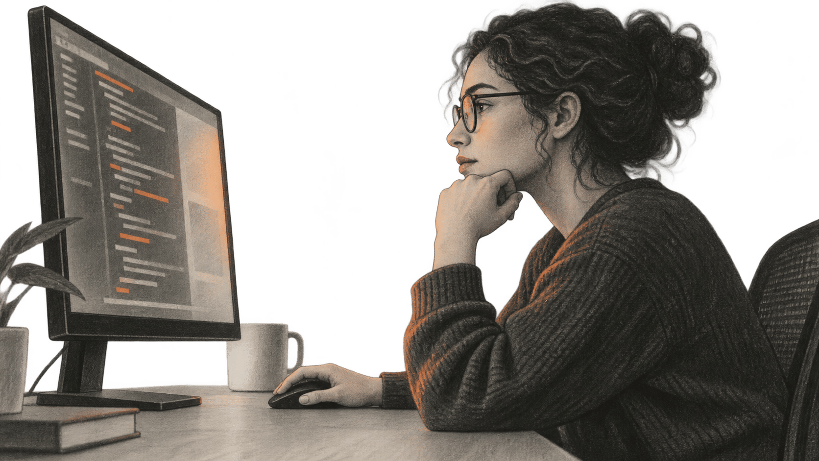 Conceptual charcoal illustration of an anonymous researcher in profile considering code-like marks on a desktop monitor, with one hand on a mouse.