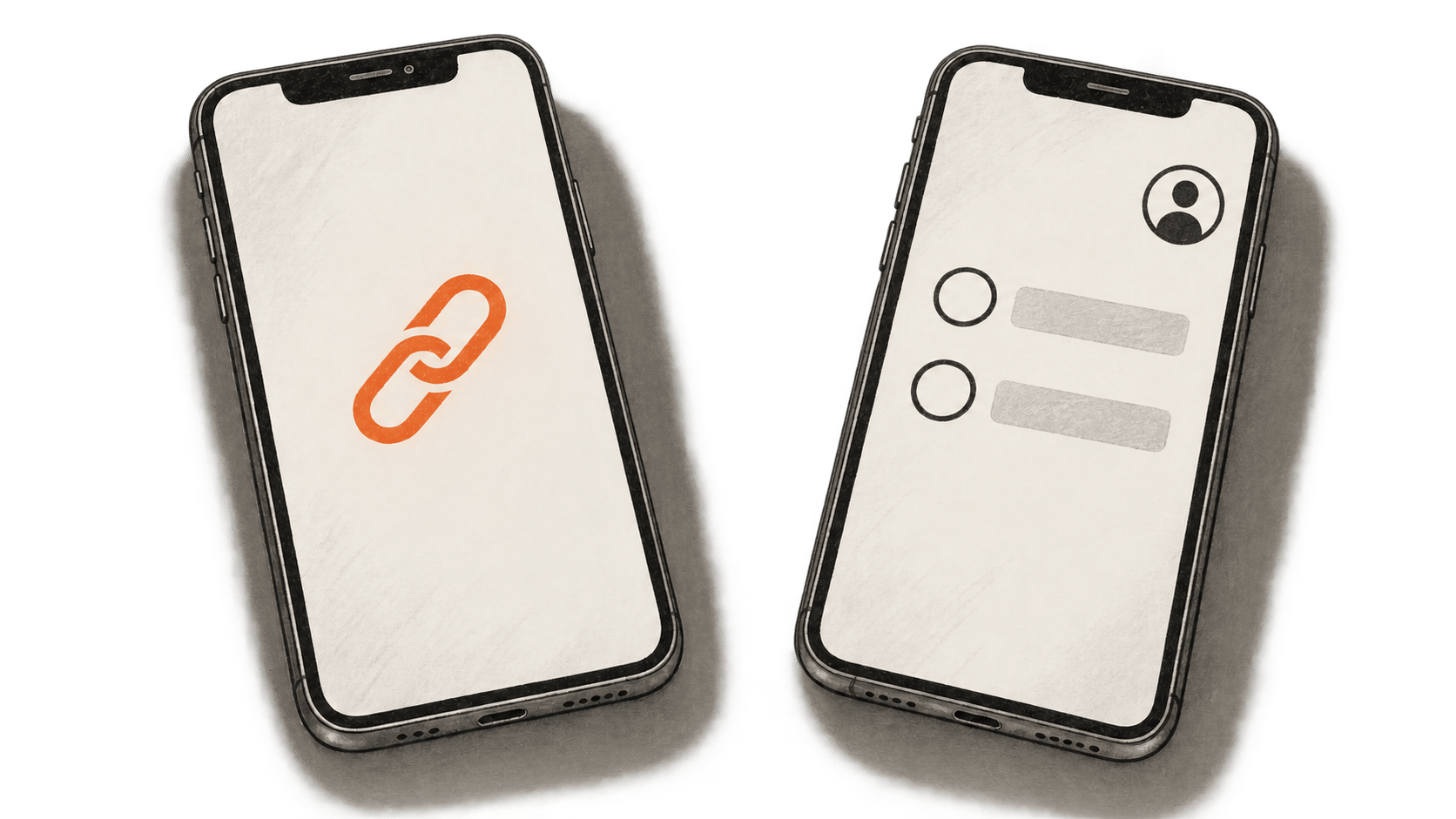 Two unbranded phones on one surface: one shows an orange link symbol, while the other shows an empty two-choice poll and a generic account symbol.