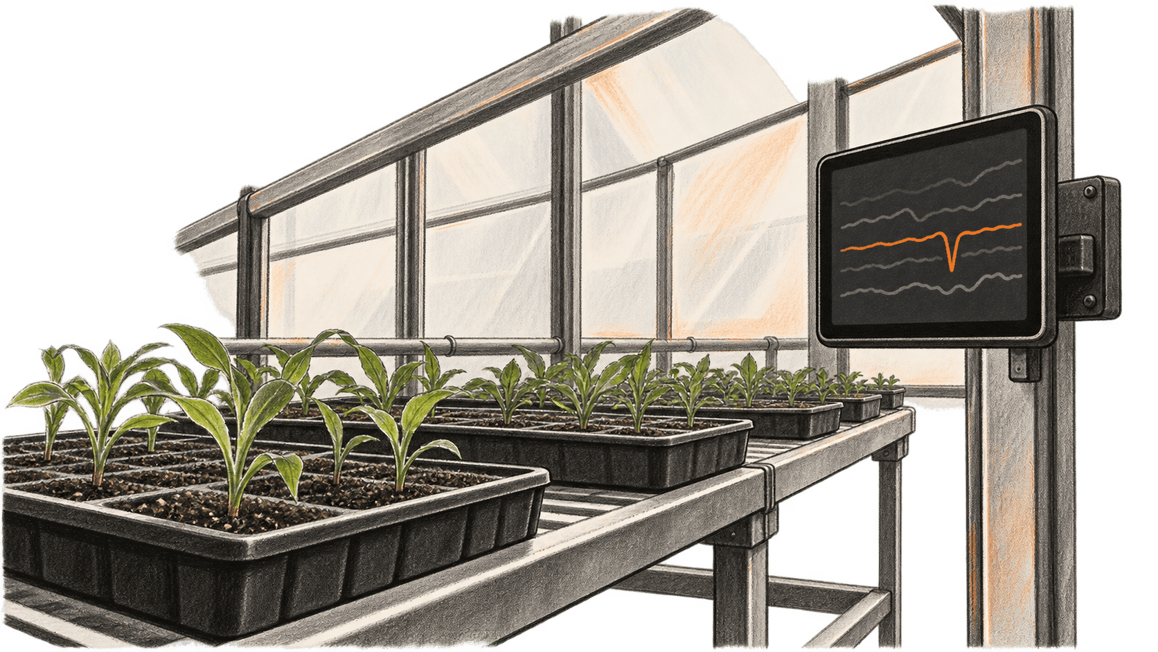 Conceptual charcoal illustration of generic seedling trays on a greenhouse bench beside a wall-mounted terminal with an abstract orange interruption in unlabelled traces.