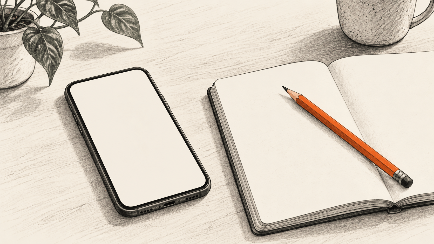 AI-generated conceptual illustration of a blank-screen phone beside an open blank notebook