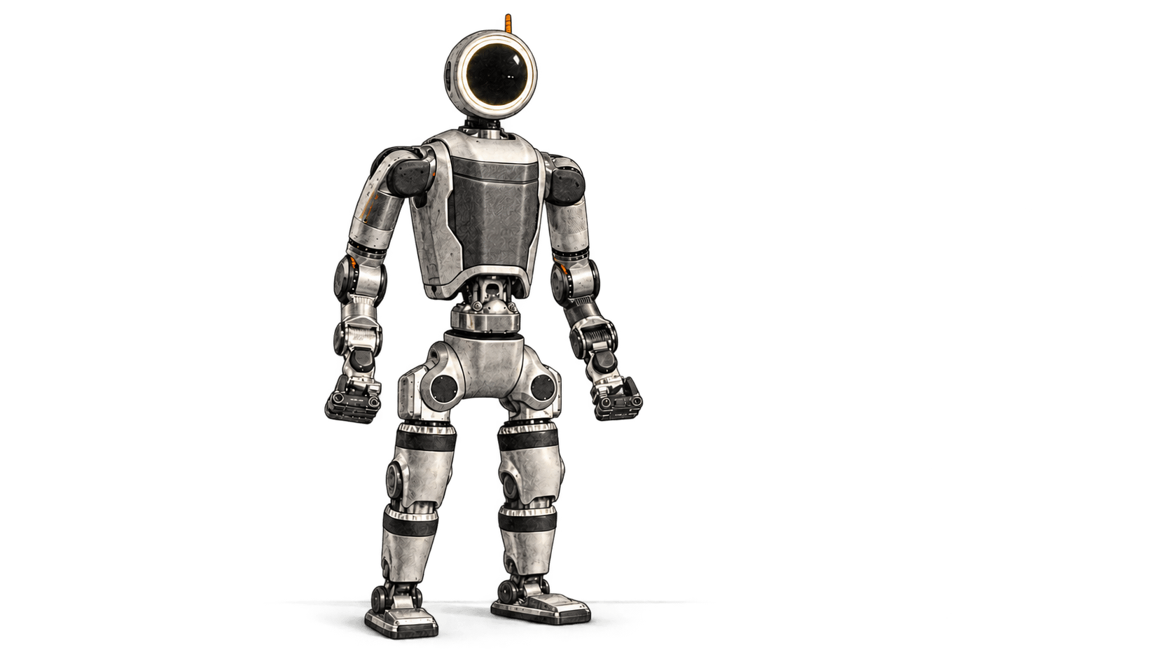 Conceptual charcoal illustration of the Atlas humanoid robot standing idle, facing forward with its arms at its sides.