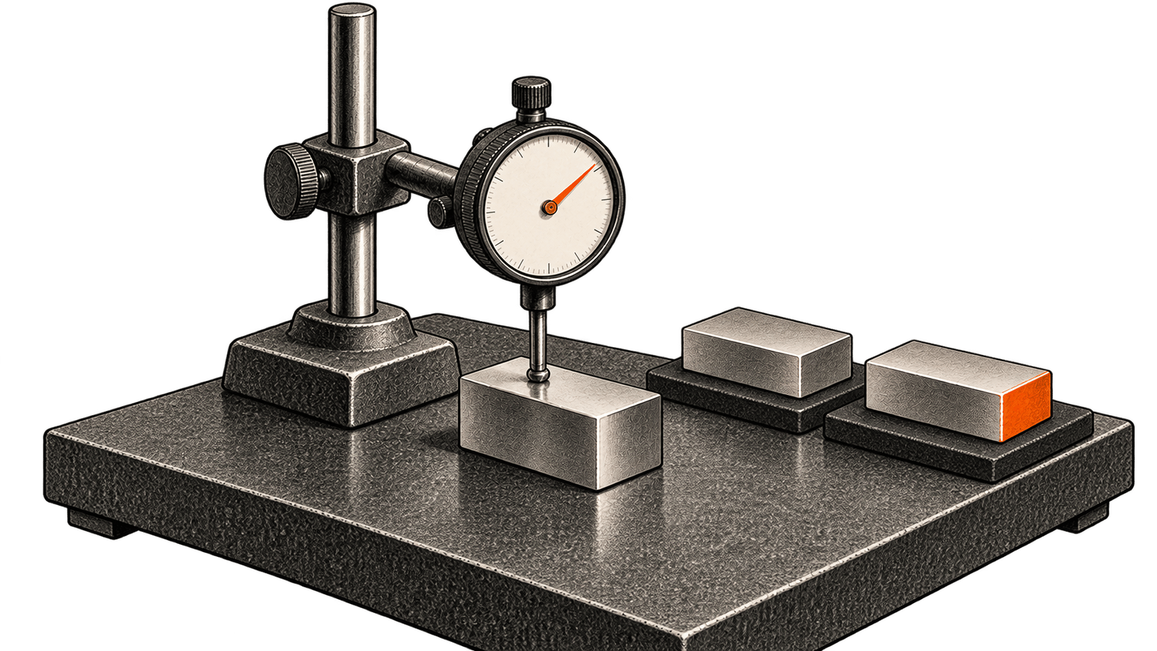 Conceptual charcoal illustration of a dial indicator touching one reference block while two matched metal pieces wait separately on the same granite plate.