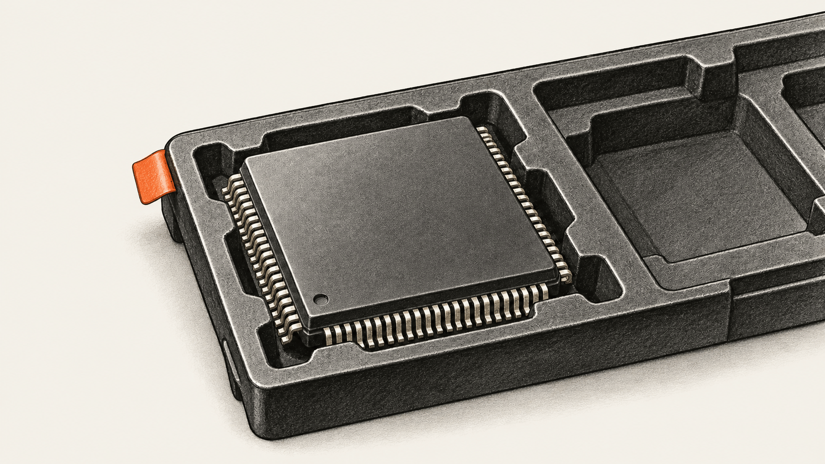 Conceptual charcoal illustration of an unbranded integrated circuit resting in a black antistatic carrier tray with an empty recess beside it.