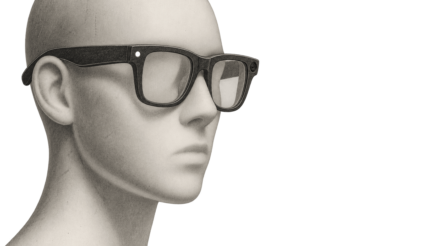 A featureless display mannequin wears dark camera glasses with a white indicator and a forward-facing lens in the outer frame corners.