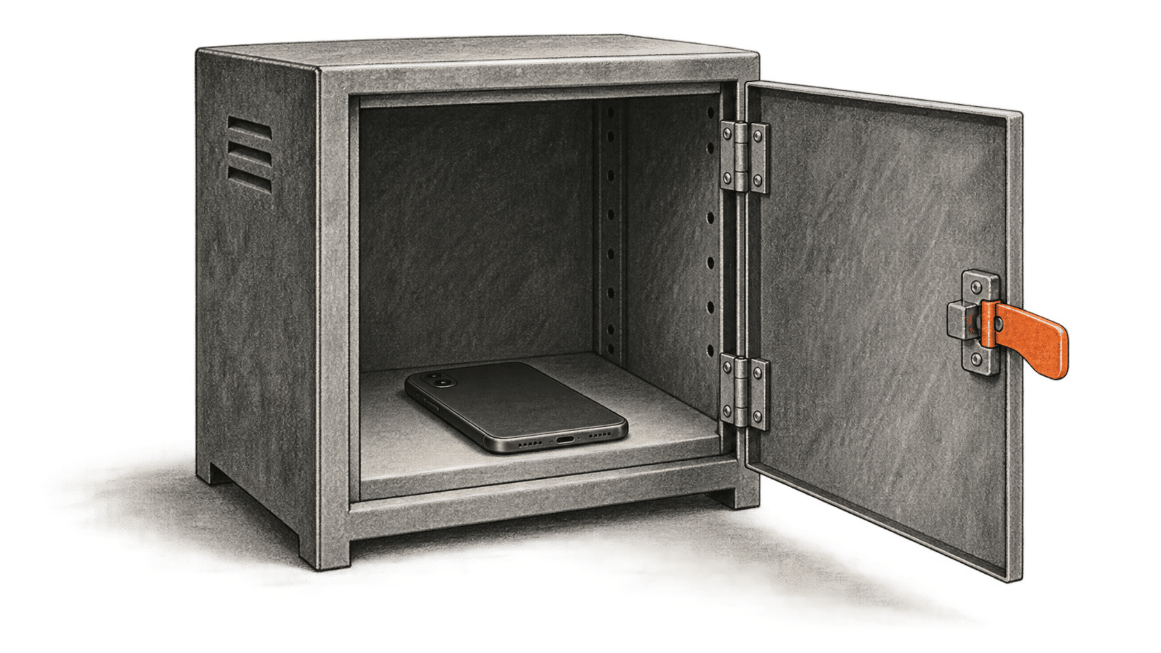 Conceptual charcoal illustration of a face-down unbranded phone on the shelf of an open metal lockbox with an unfastened orange latch.