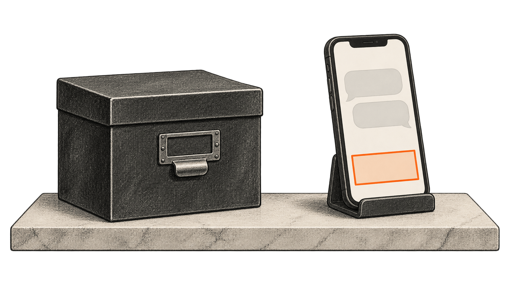 Conceptual charcoal illustration of a closed card-file box beside an unbranded phone with two empty conversation bubbles and a separate blank orange ad card.