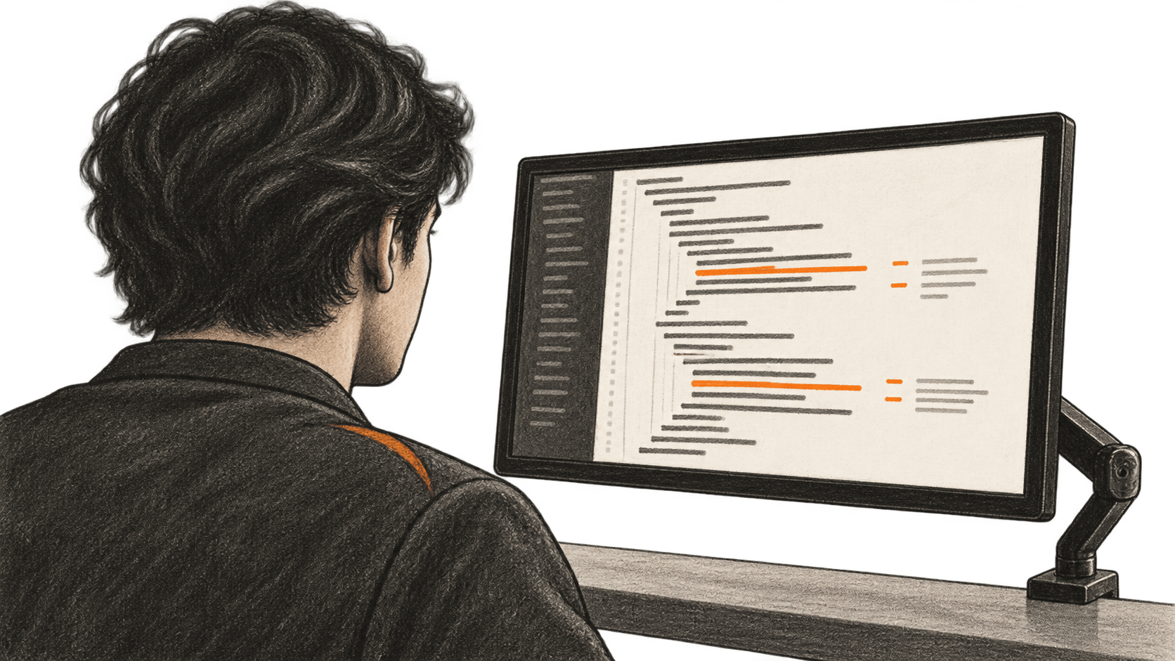 Conceptual charcoal illustration of one reviewer seen from behind, examining indented code rows with orange marks on a supported physical monitor.