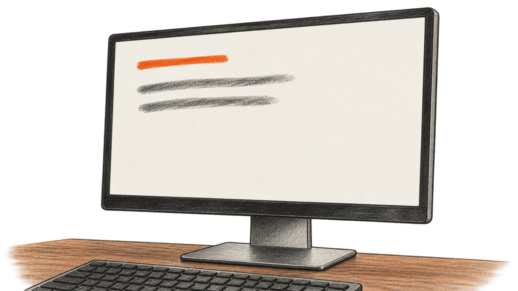 Conceptual charcoal illustration of an unbranded desktop monitor with one short orange stroke above two soft charcoal strokes; a keyboard rests in front.