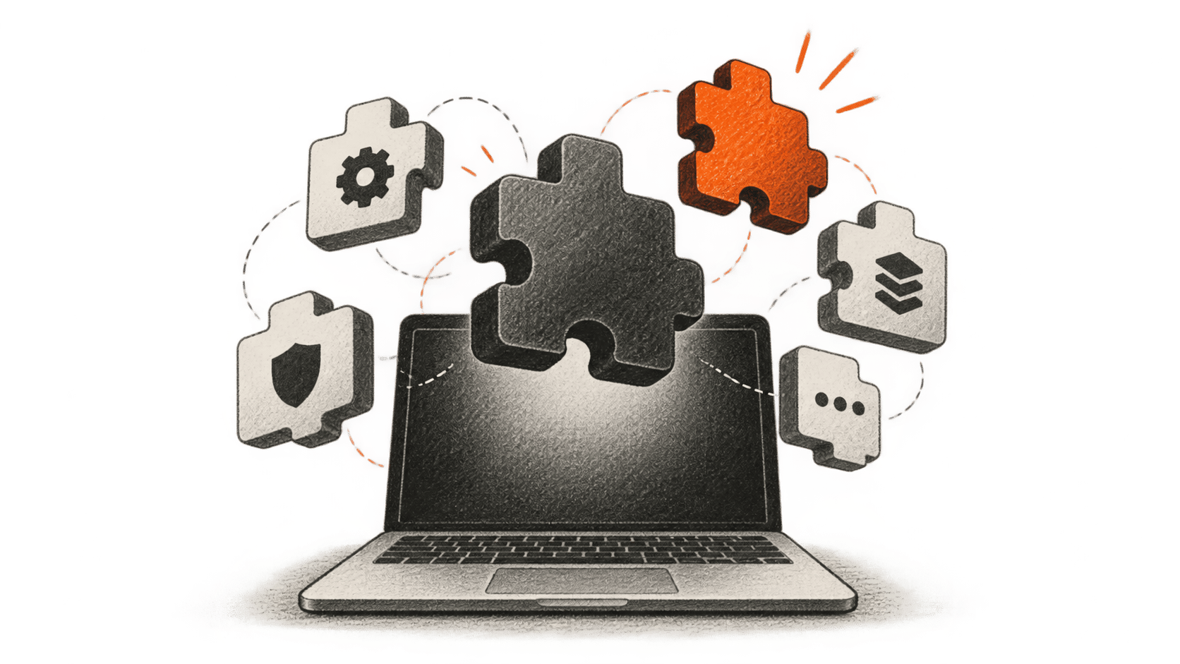 AI-generated conceptual illustration of a laptop and abstract software extension shapes, one highlighted orange.