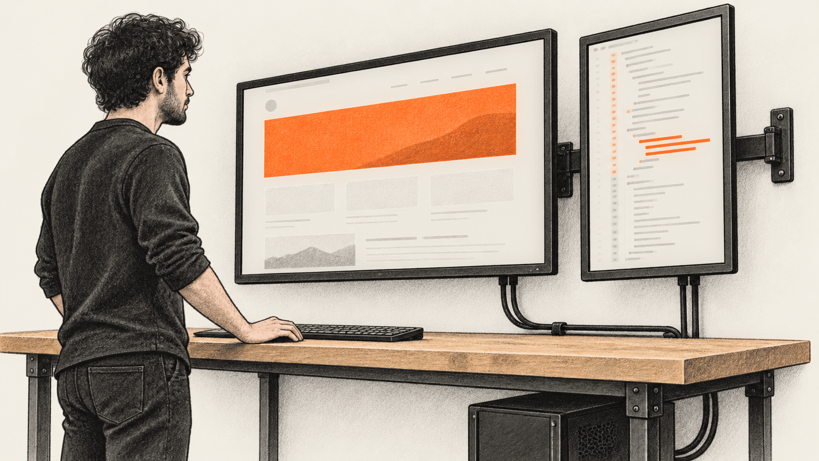 Conceptual charcoal illustration of one person comparing a generic web page on a wall-mounted monitor with indistinct source changes on a second monitor.