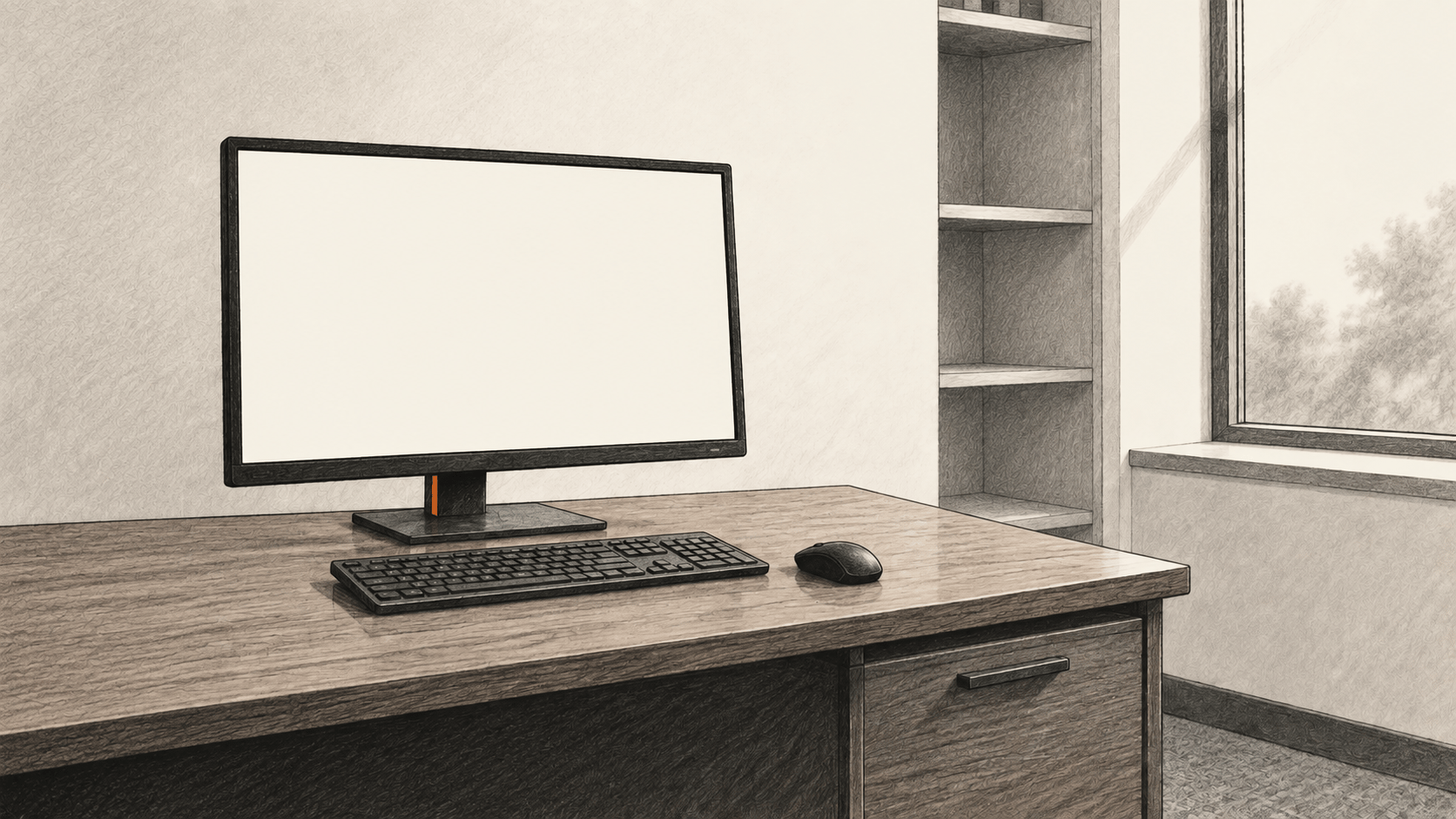 Illustration of an empty government office with one desktop monitor showing a blank screen.