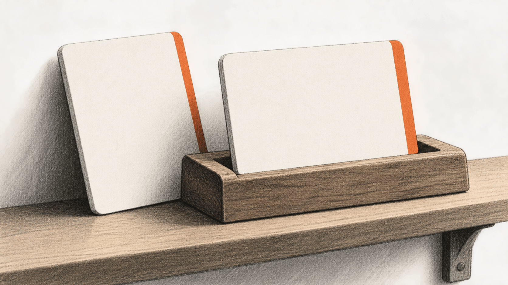 Conceptual charcoal illustration of two blank choice cards, one outside a small wooden holder and the other standing in its groove.