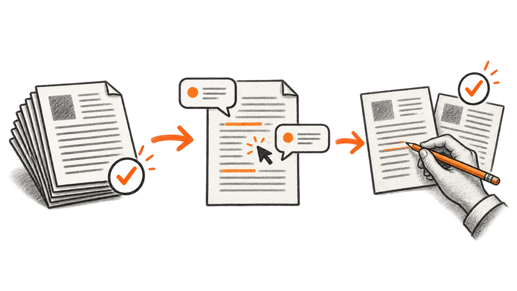 Conceptual workflow from checked source documents to a shared draft with comments, followed by one human hand verifying the draft against another page.