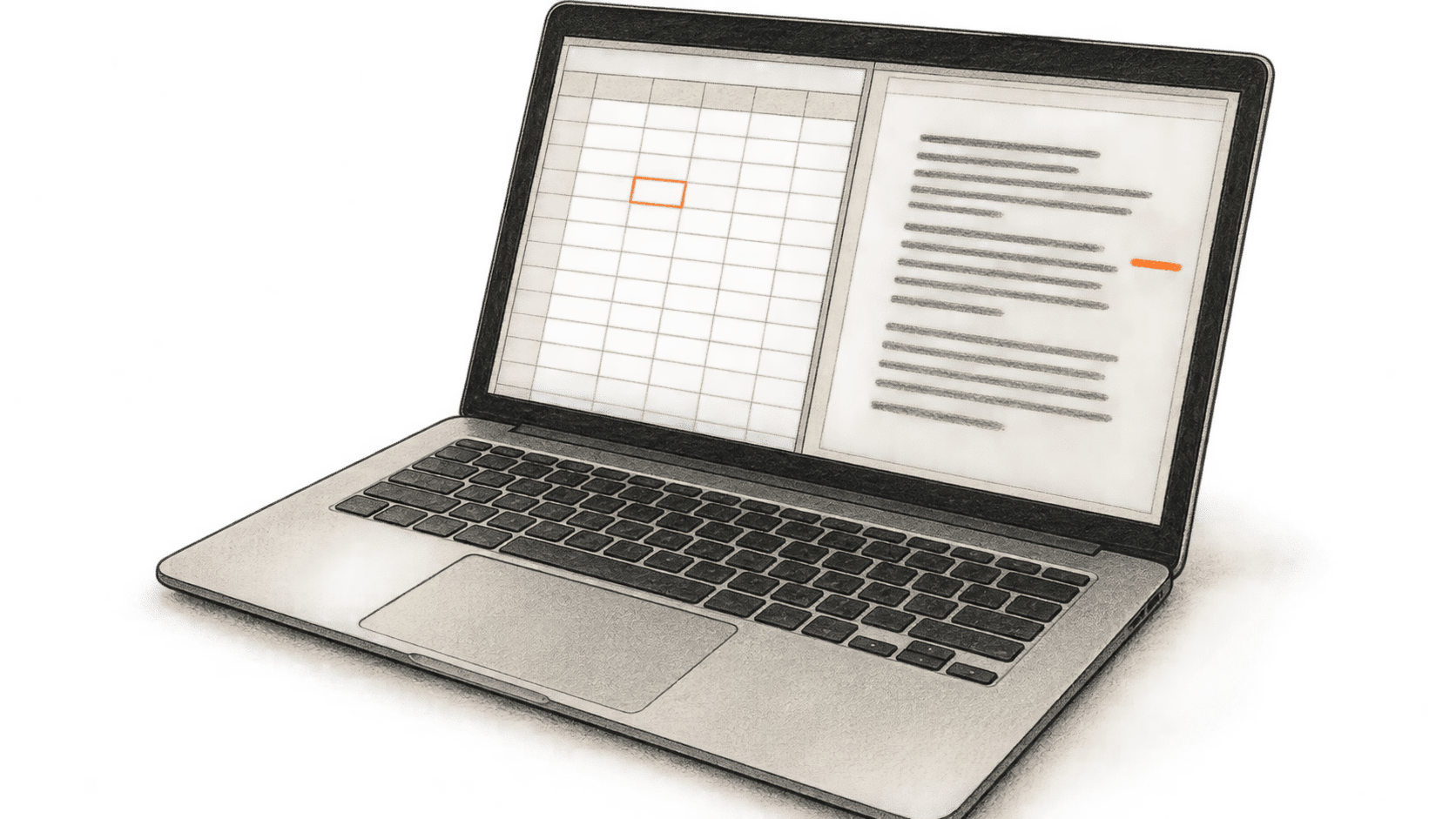 Conceptual charcoal illustration of an open laptop showing a blank spreadsheet grid beside a memo made of text strokes, with small orange marks.