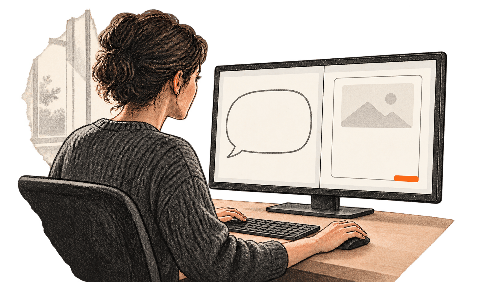 A content professional compares an empty answer shape with a blank company-information page on a desktop monitor.