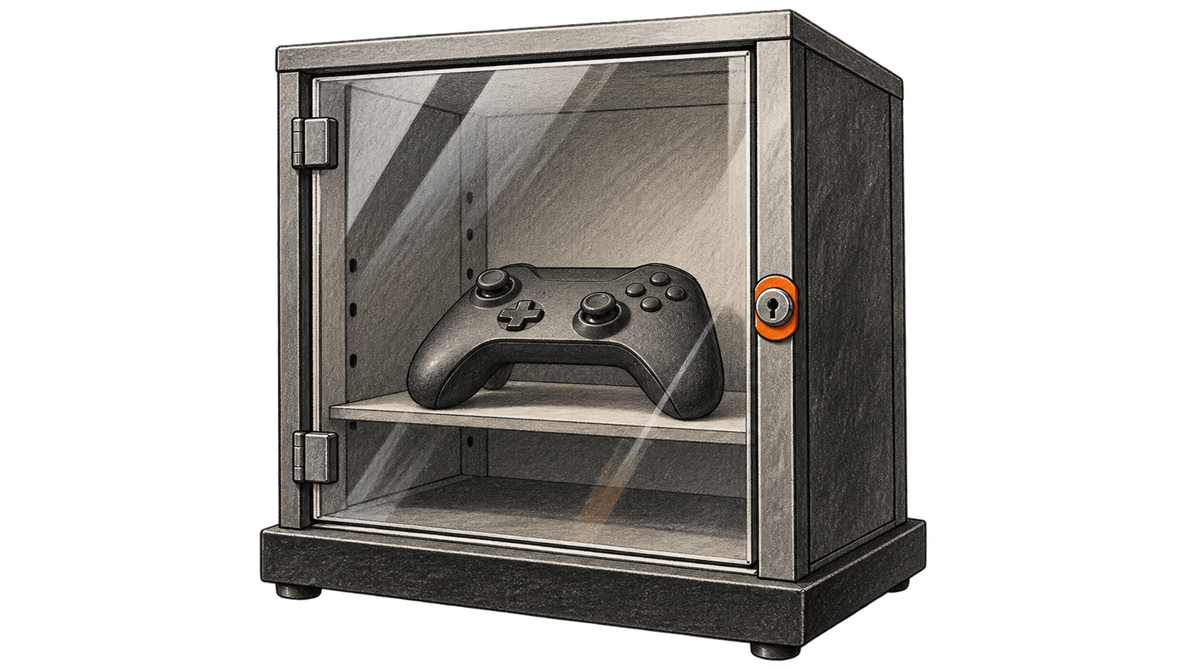Conceptual charcoal illustration of an unbranded game controller on a shelf behind a locked glass cabinet door.