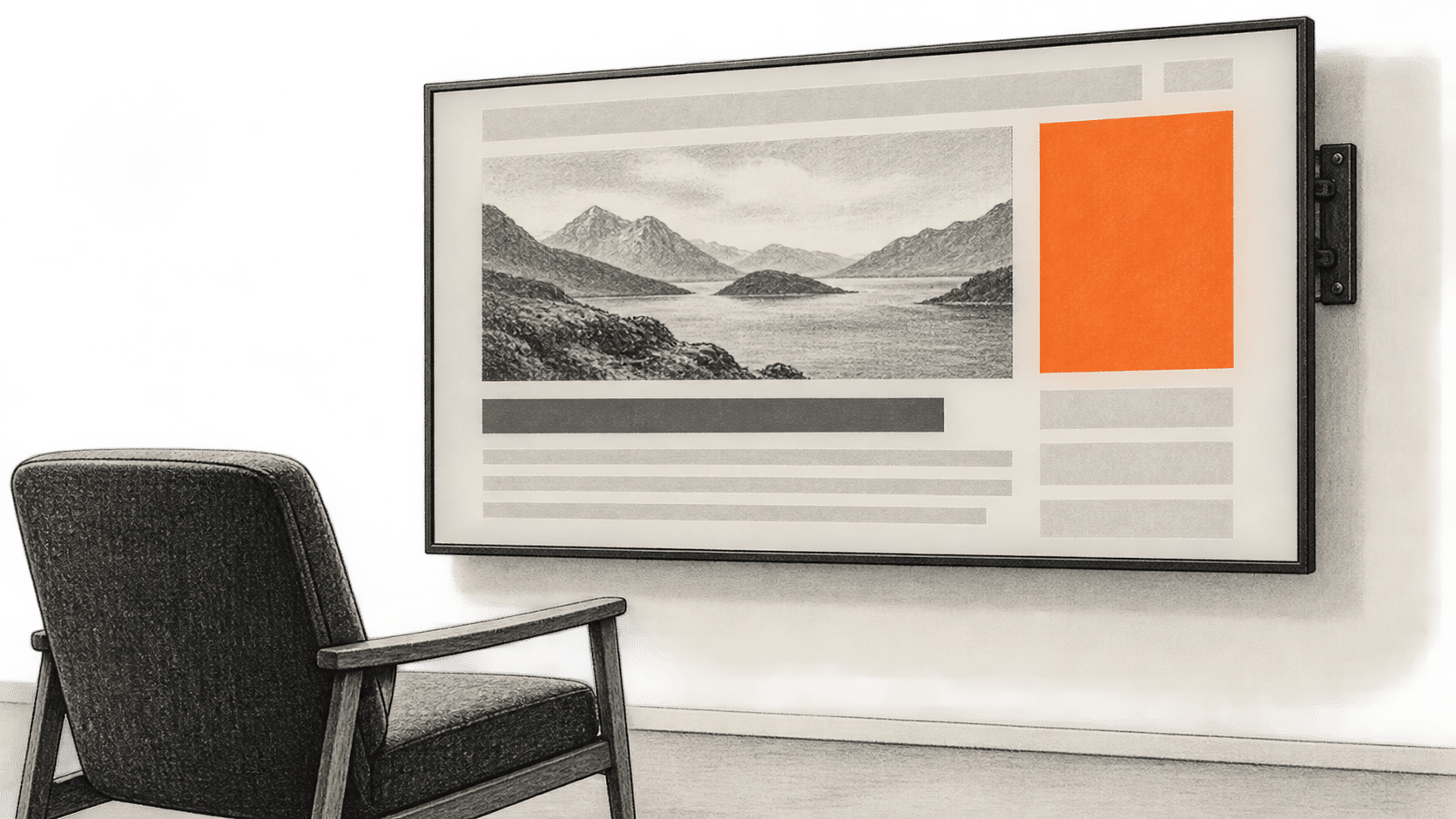 Conceptual charcoal illustration of an empty chair facing a wall-mounted display of a generic webpage with a prominent orange advertising area.
