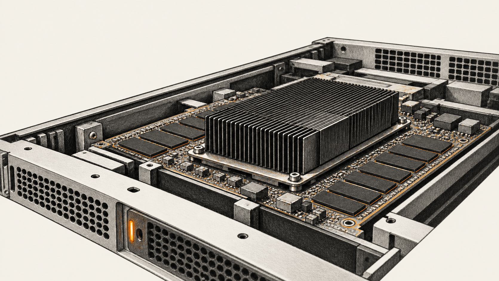 An open generic server chassis shows a compute board, heat sink and rows of small memory packages.