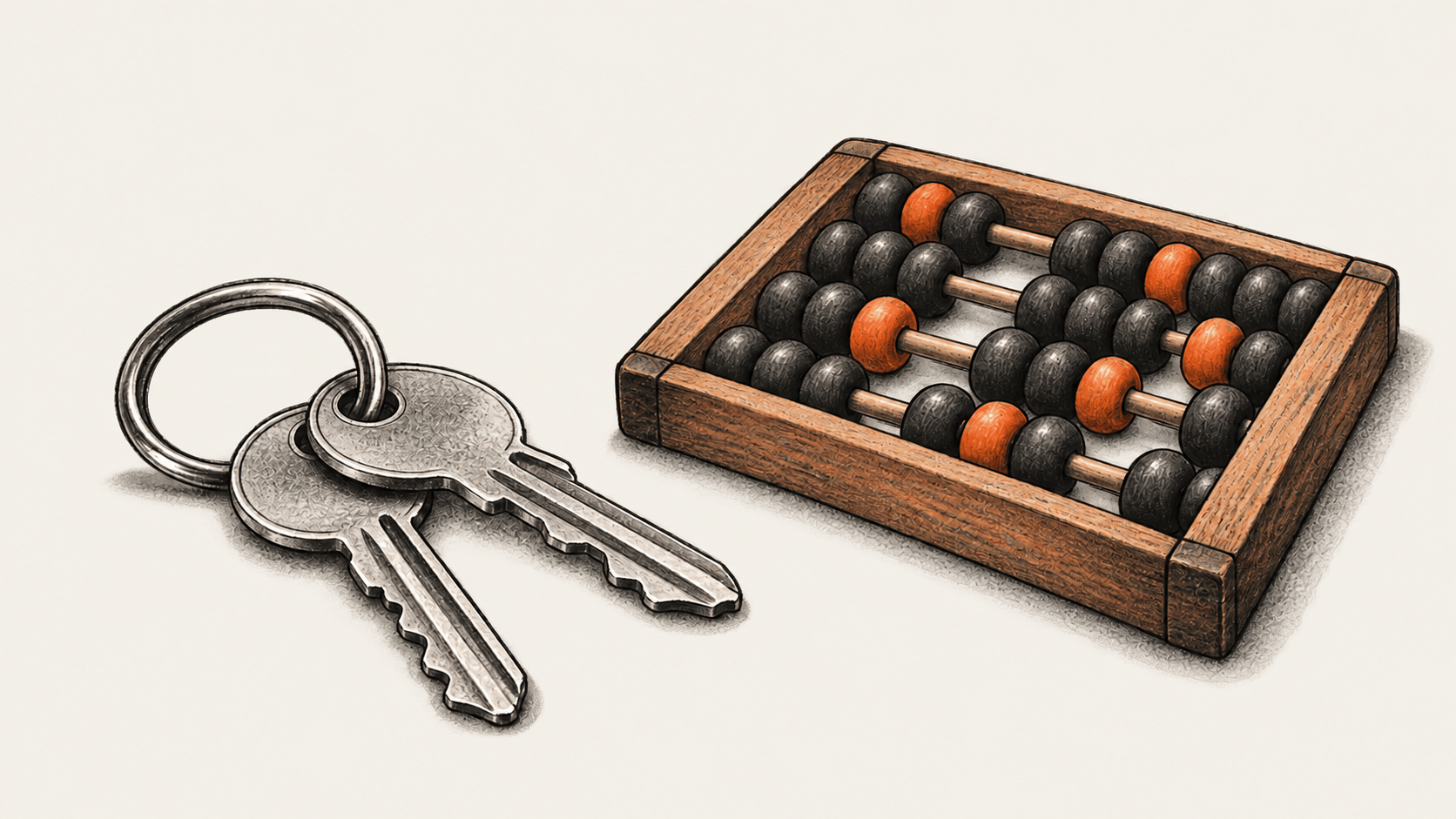AI-generated conceptual charcoal illustration of two metal keys on a ring beside a wooden abacus with dark and orange beads.