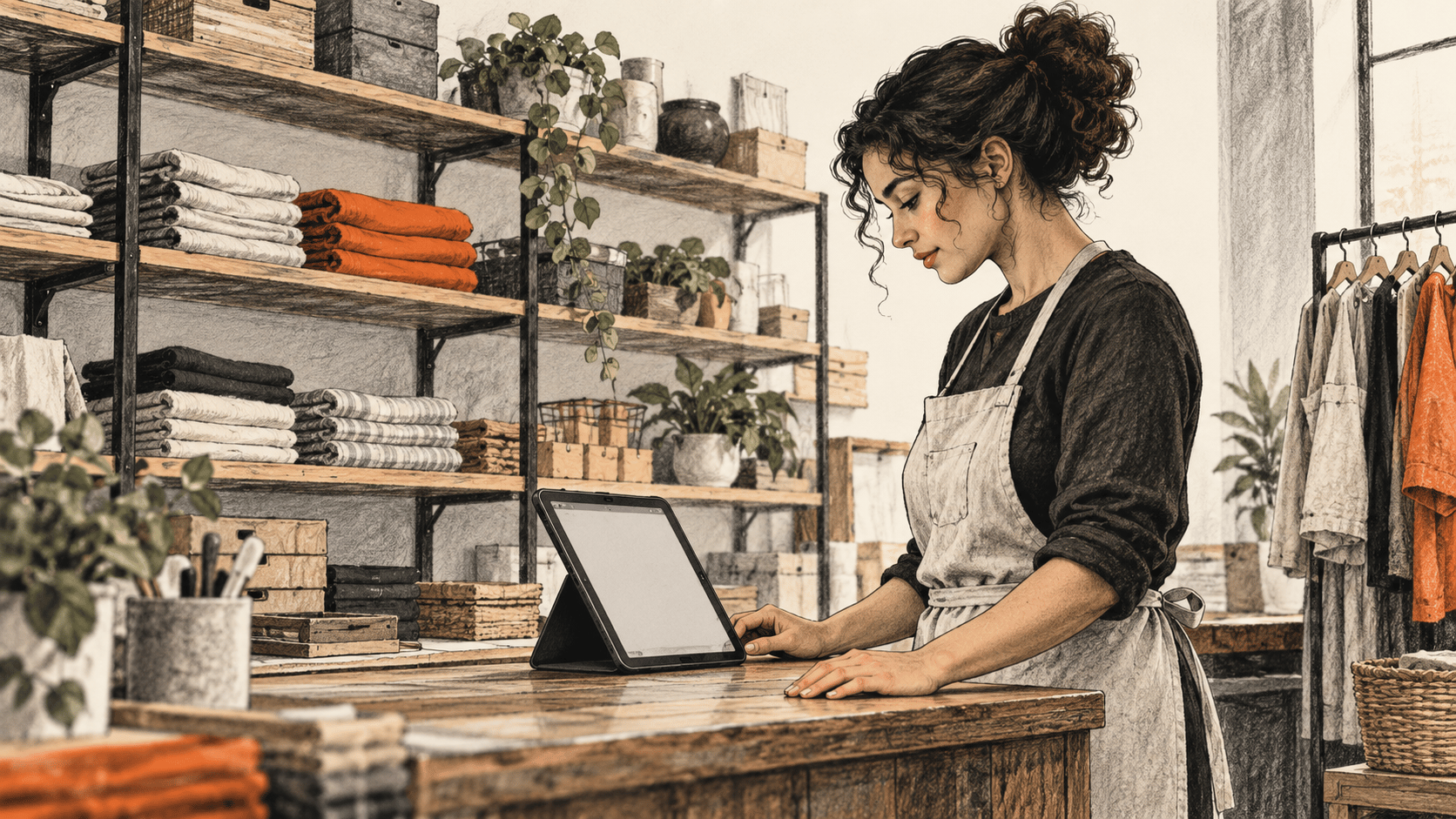 Shopkeeper at a counter faces a blank tablet amid clothing shelves.