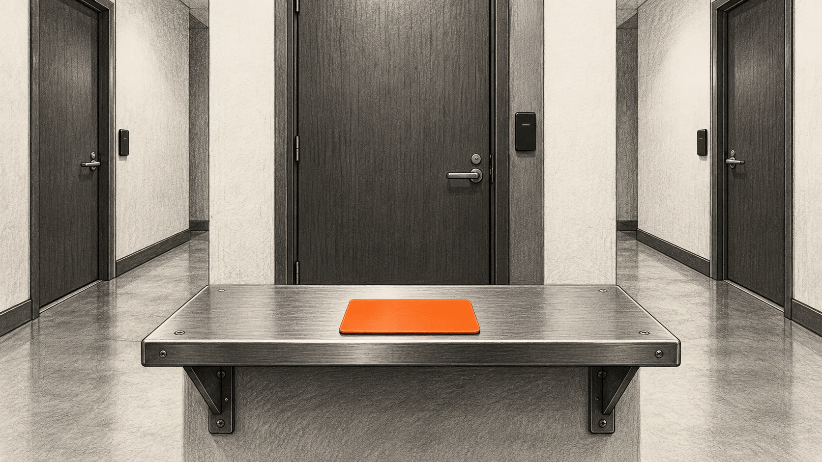 Conceptual charcoal illustration of an orange access card on a supported metal shelf before three closed office-suite doors with badge readers.