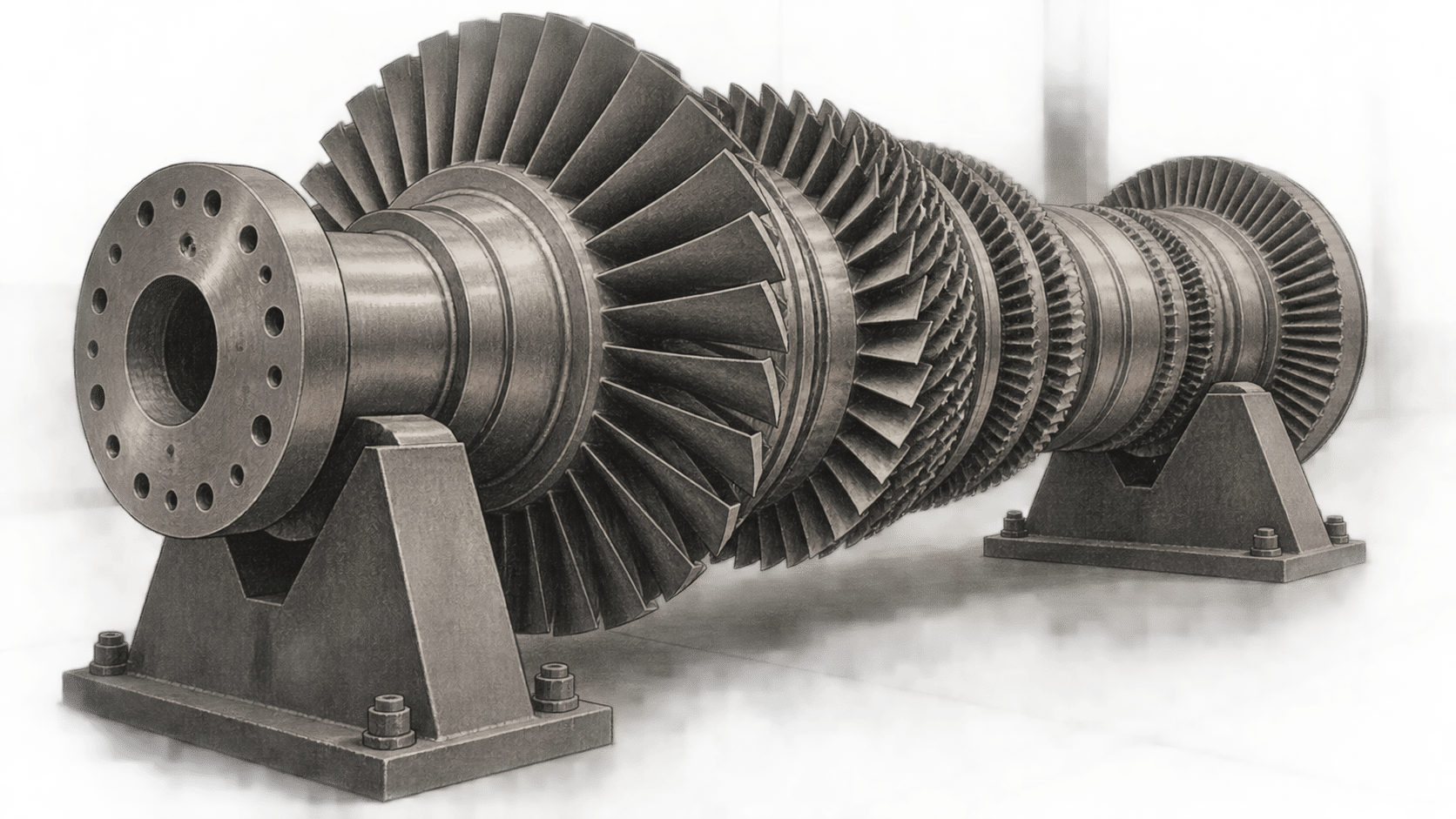 Conceptual charcoal illustration of a generic industrial gas turbine rotor resting on two steel maintenance cradles.