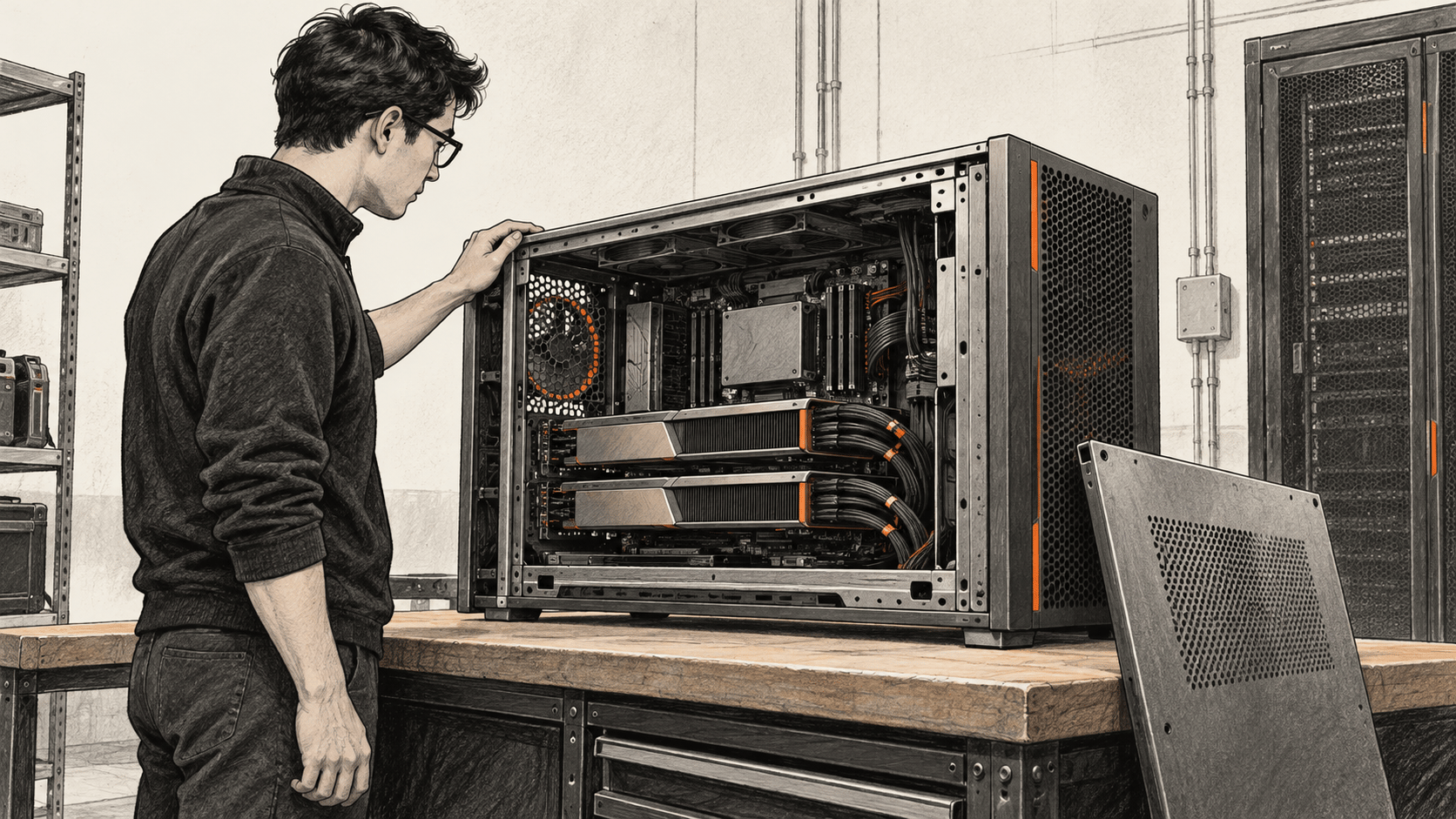 Conceptual charcoal illustration of one engineer inspecting the open side of a generic accelerator workstation on a workbench.